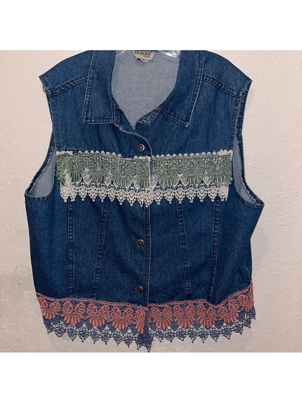 Vintage Denim Vest with Lace Trim Crocheted Grandma Jean Jacket teacher